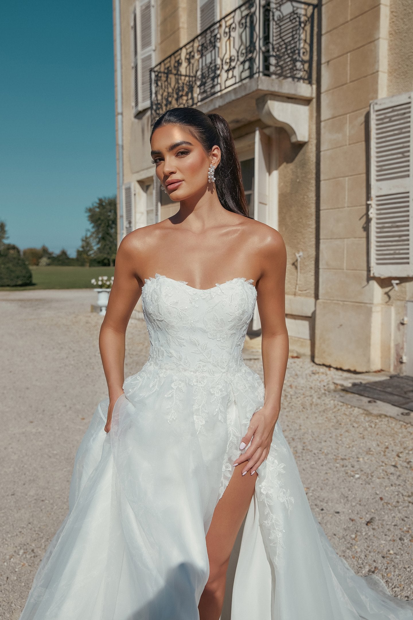 Strapless Organza A-Line Bridal Gown with Chantilly Lace Underlay