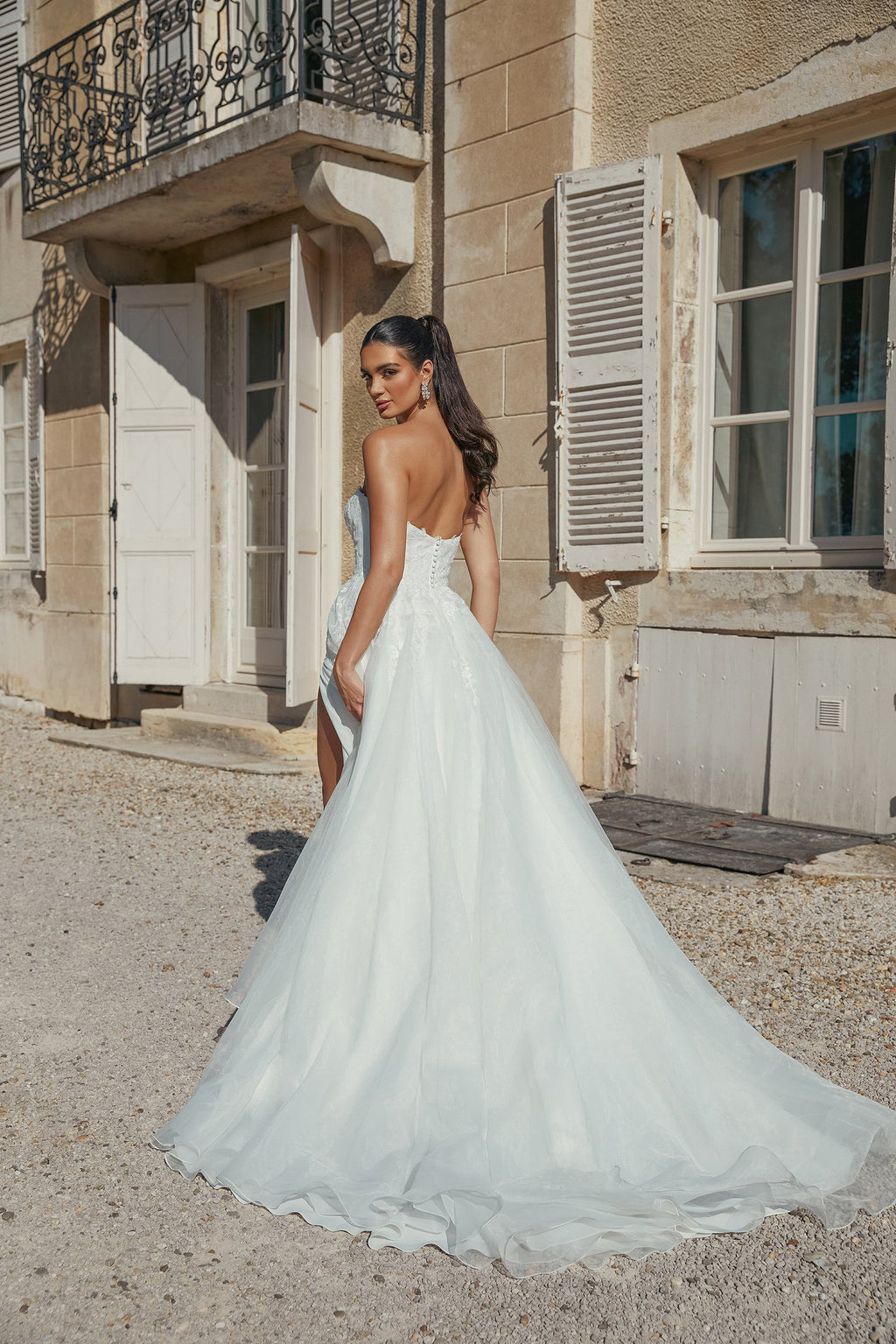 Strapless Organza A-Line Bridal Gown with Chantilly Lace Underlay
