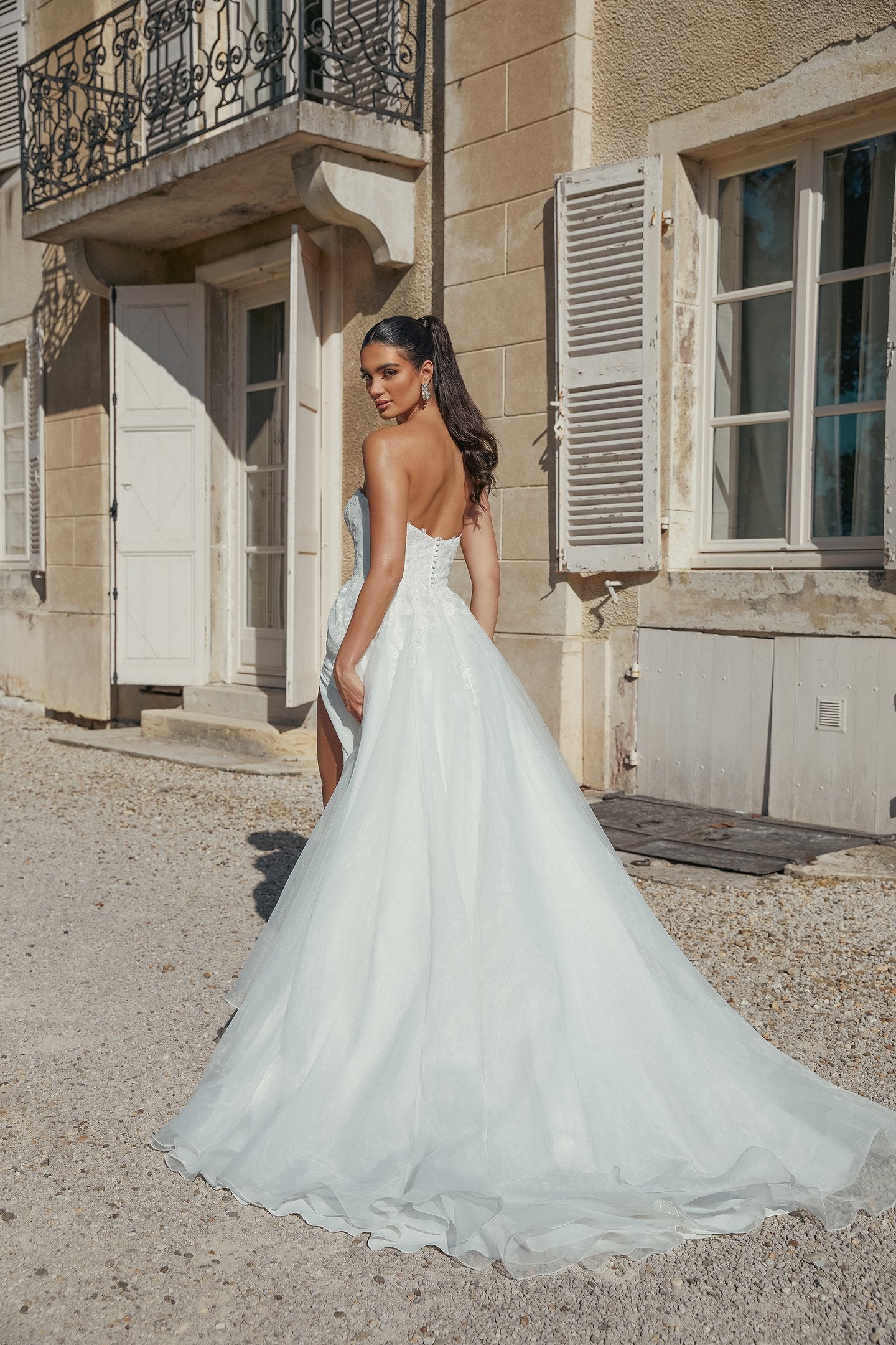 Strapless Organza A-Line Bridal Gown with Chantilly Lace Underlay