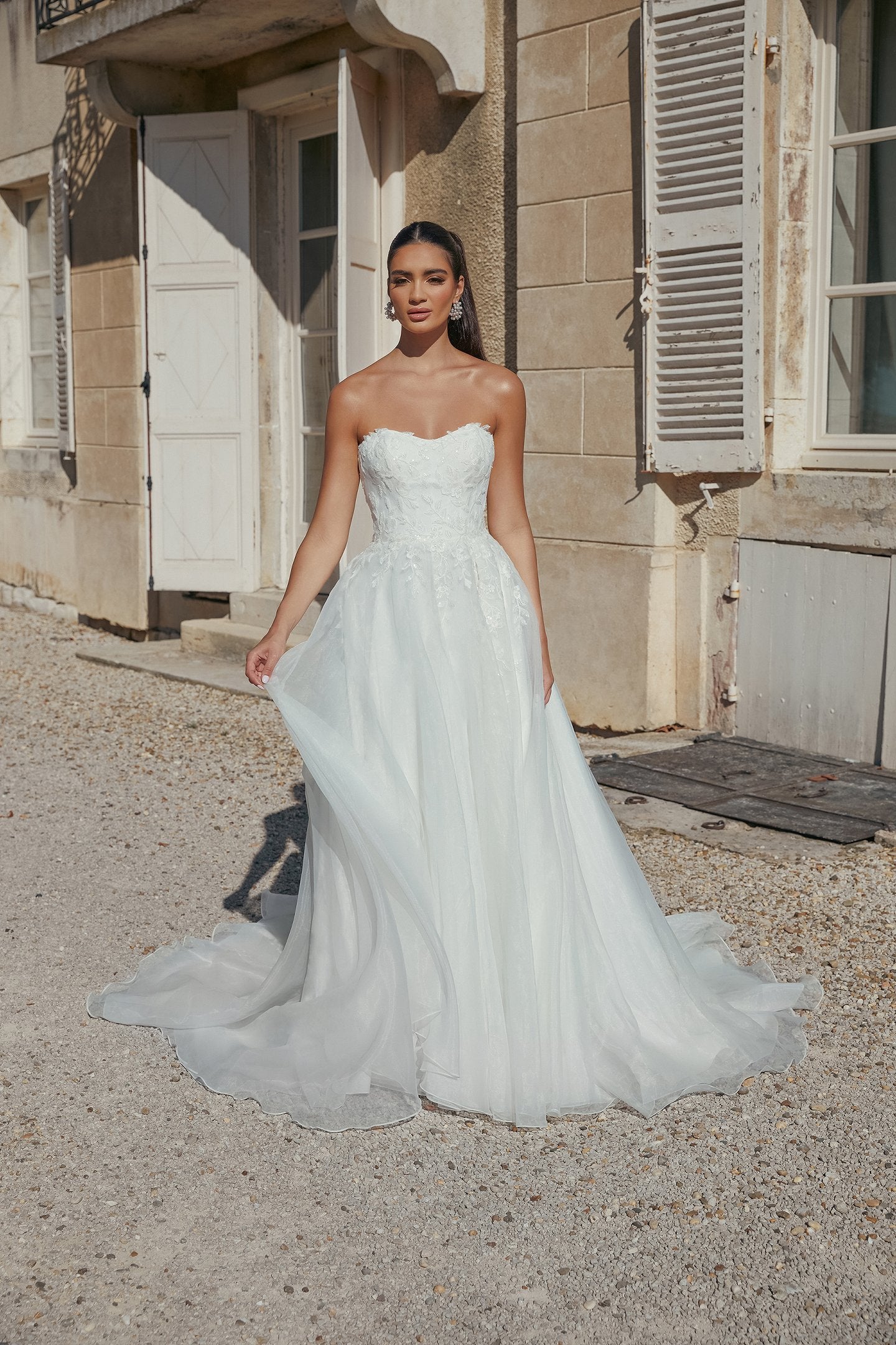 Strapless Organza A-Line Bridal Gown with Chantilly Lace Underlay