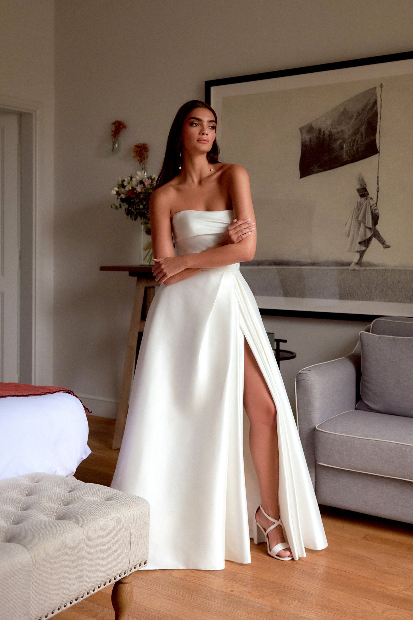 Strapless Stretch Mikado A-Line with Draped Straight Neckline