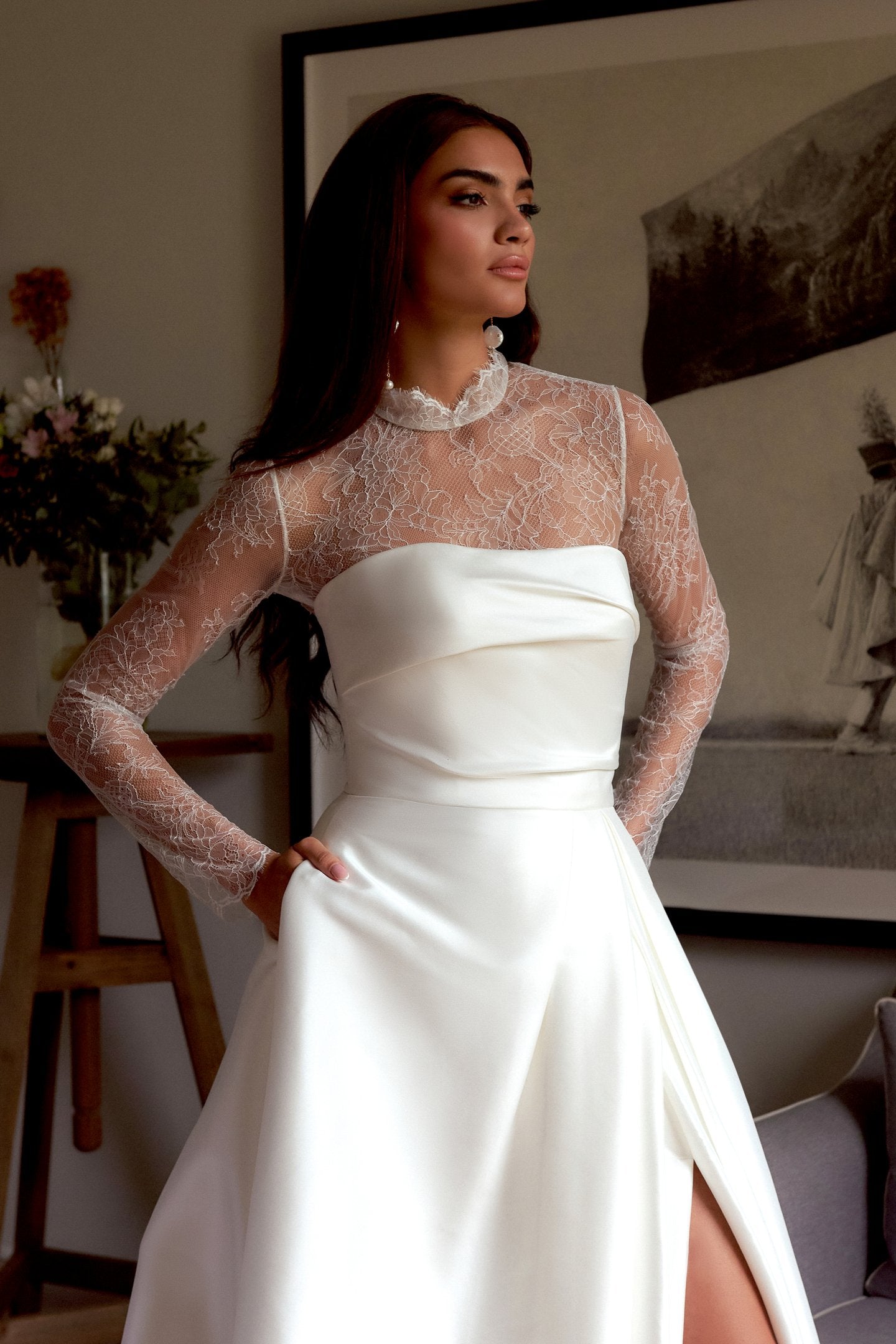 Strapless Stretch Mikado A-Line with Draped Straight Neckline