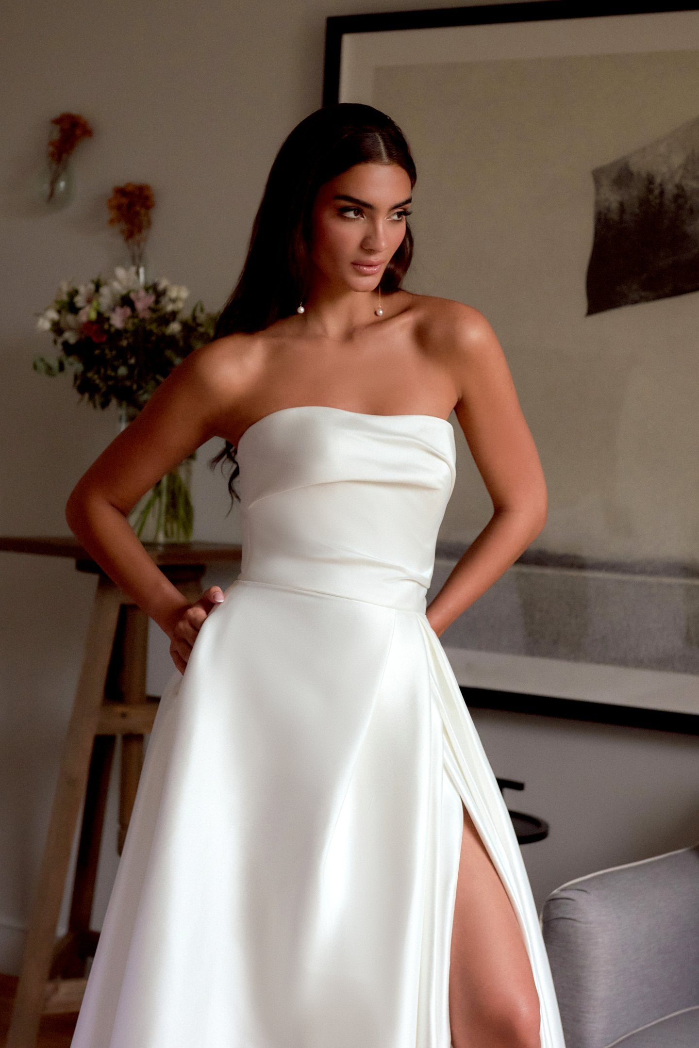 Strapless Stretch Mikado A-Line with Draped Straight Neckline