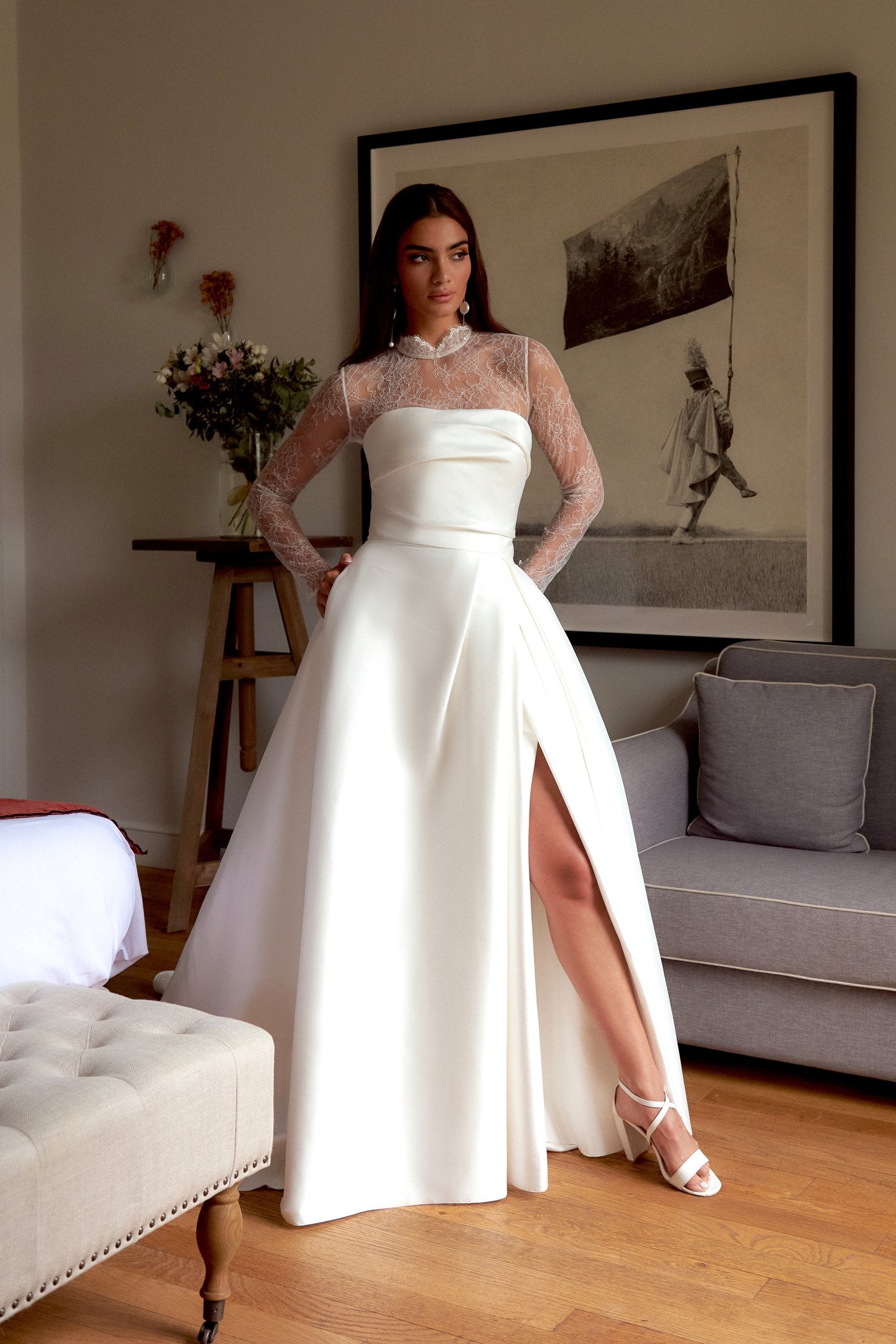 Strapless Stretch Mikado A-Line with Draped Straight Neckline
