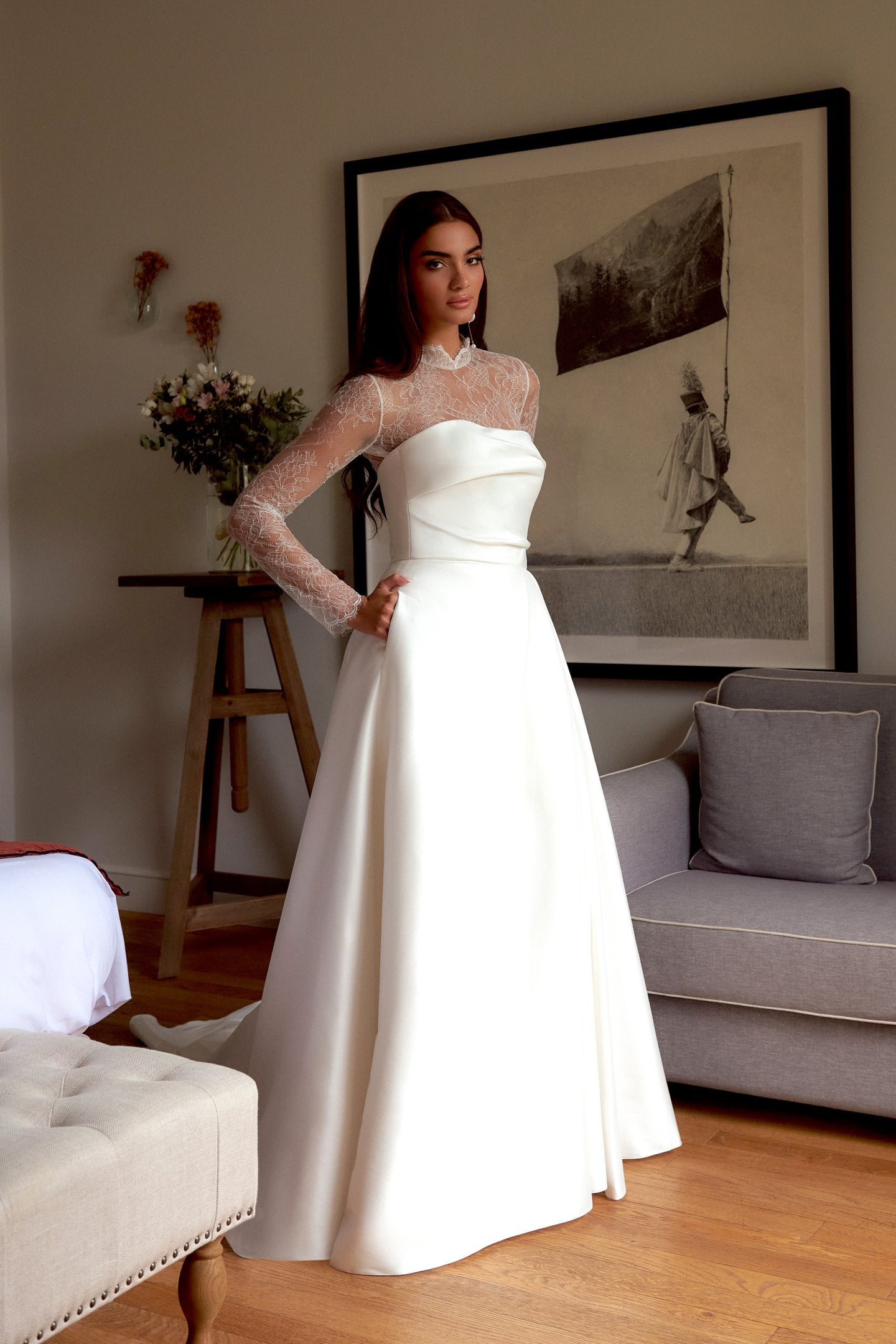 Strapless Stretch Mikado A-Line with Draped Straight Neckline