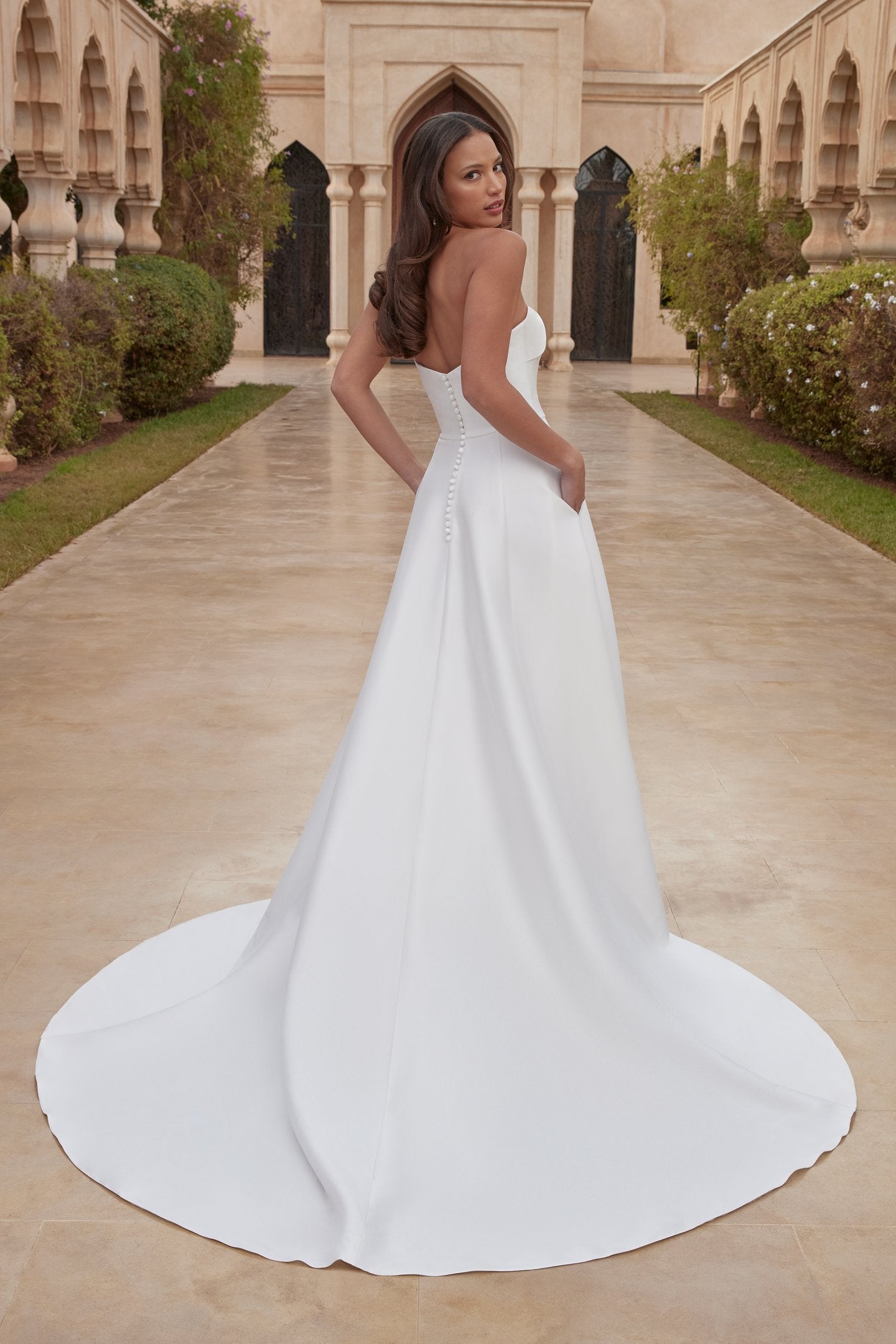 Strapless Stretch Mikado A-Line with Draped Straight Neckline