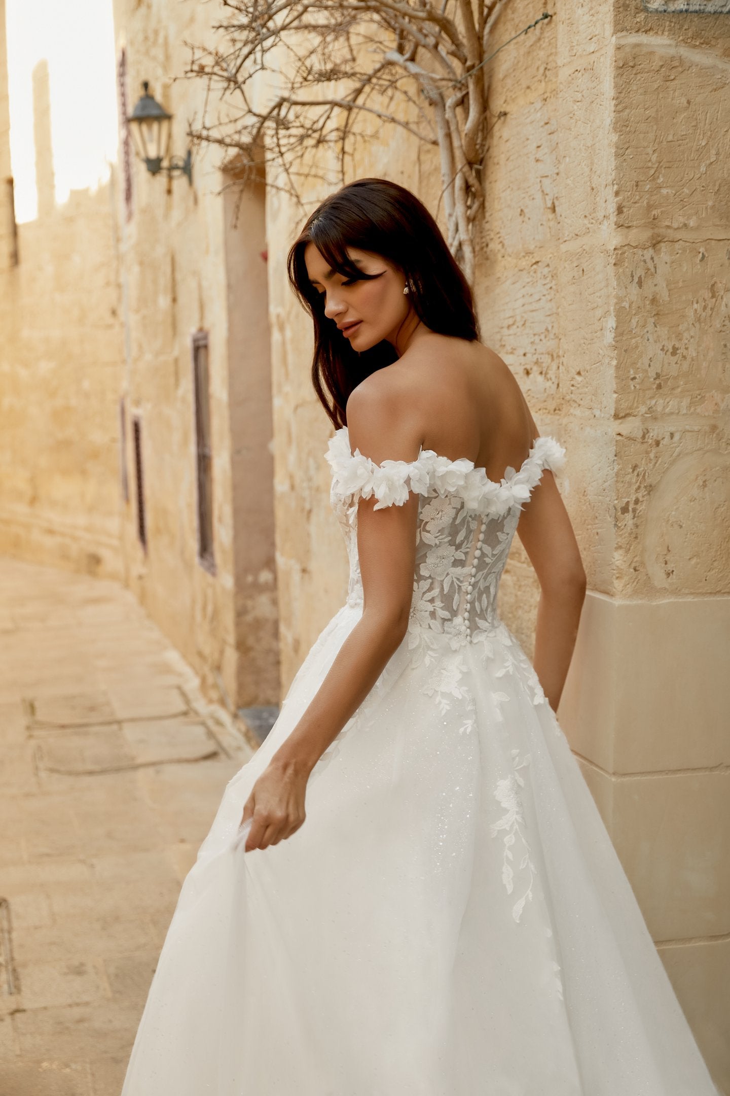 Tulle A-Line Gown with Plunging Notch Neckline and 3D Florals