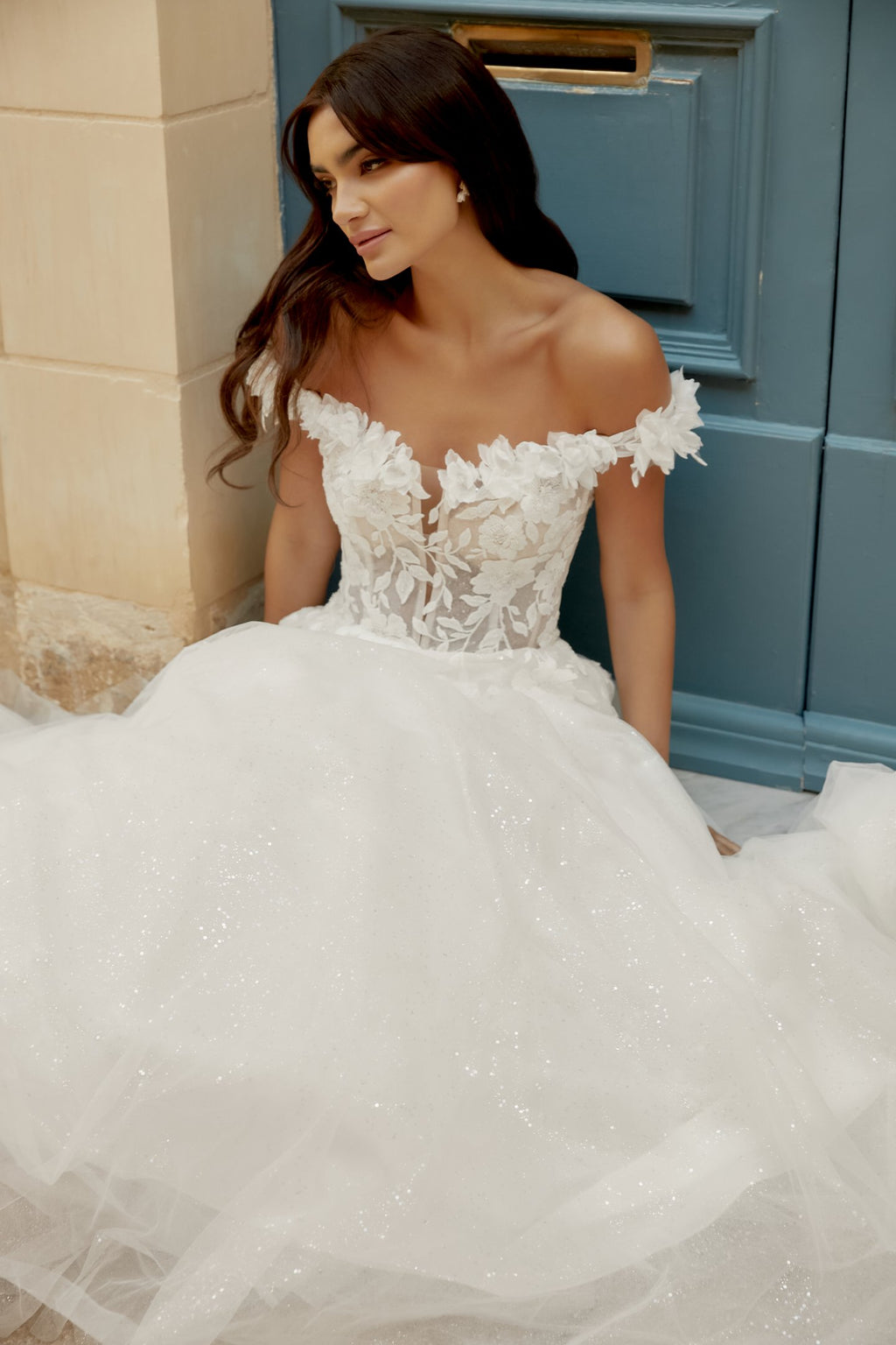 Tulle A-Line Gown with Plunging Notch Neckline and 3D Florals