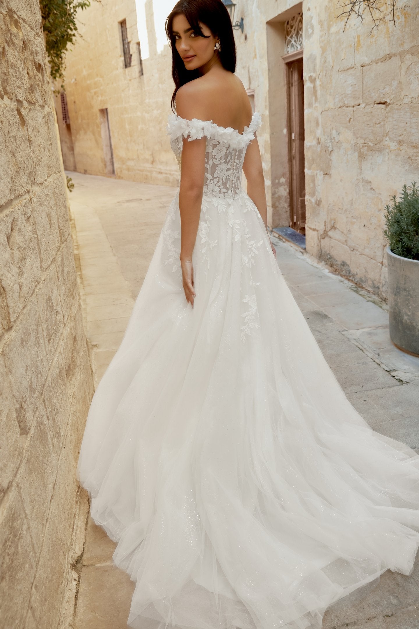 Tulle A-Line Gown with Plunging Notch Neckline and 3D Florals