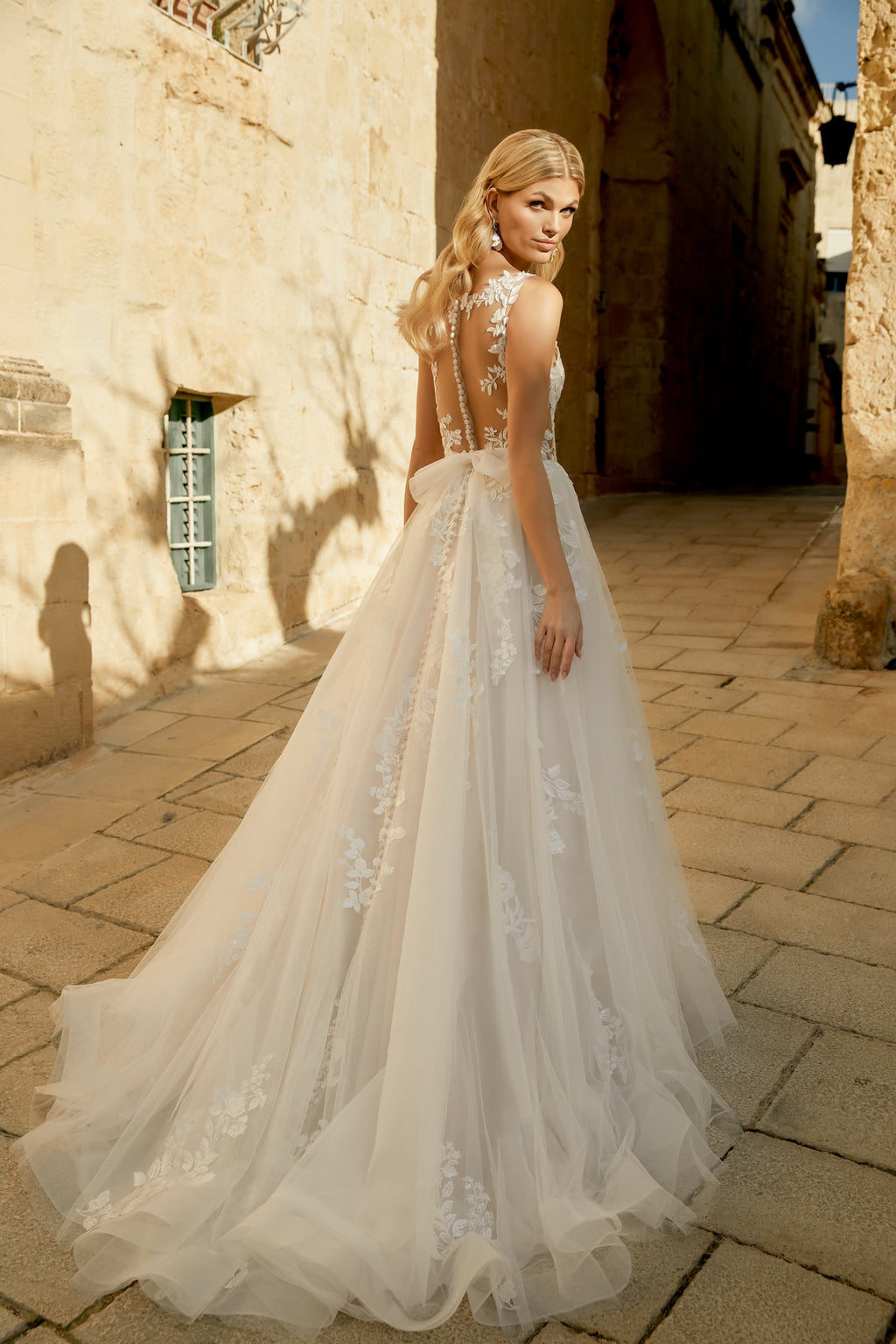 Tulle A-Line Gown with Sequin Lace Appliqués on Bodice and Skirt