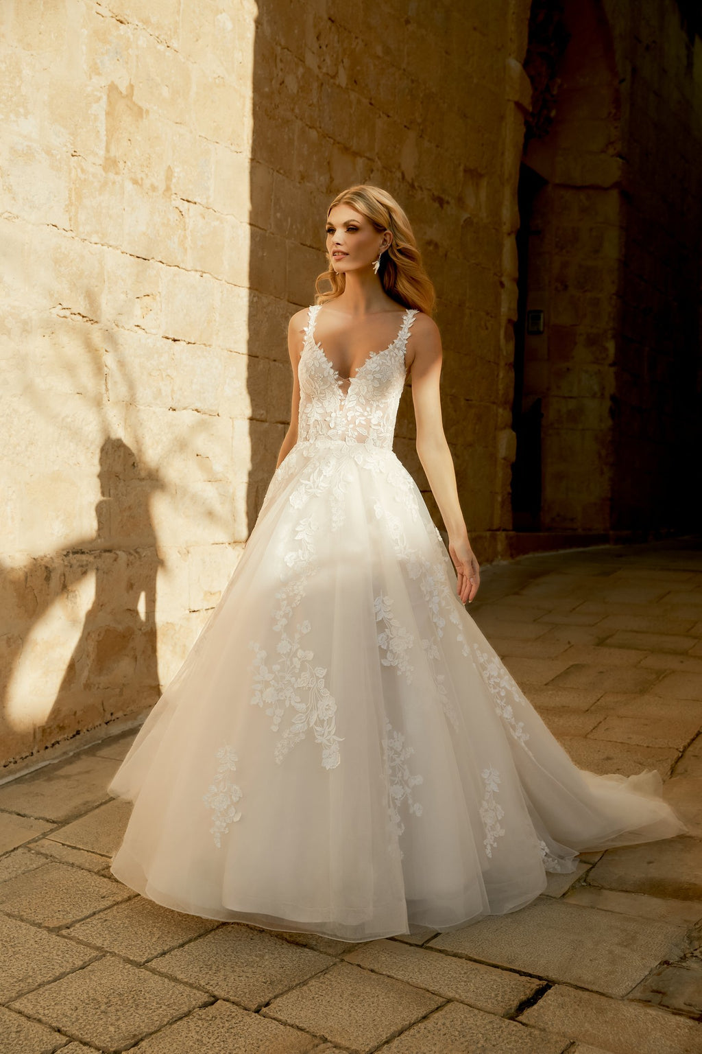 Tulle A-Line Gown with Sequin Lace Appliqués on Bodice and Skirt