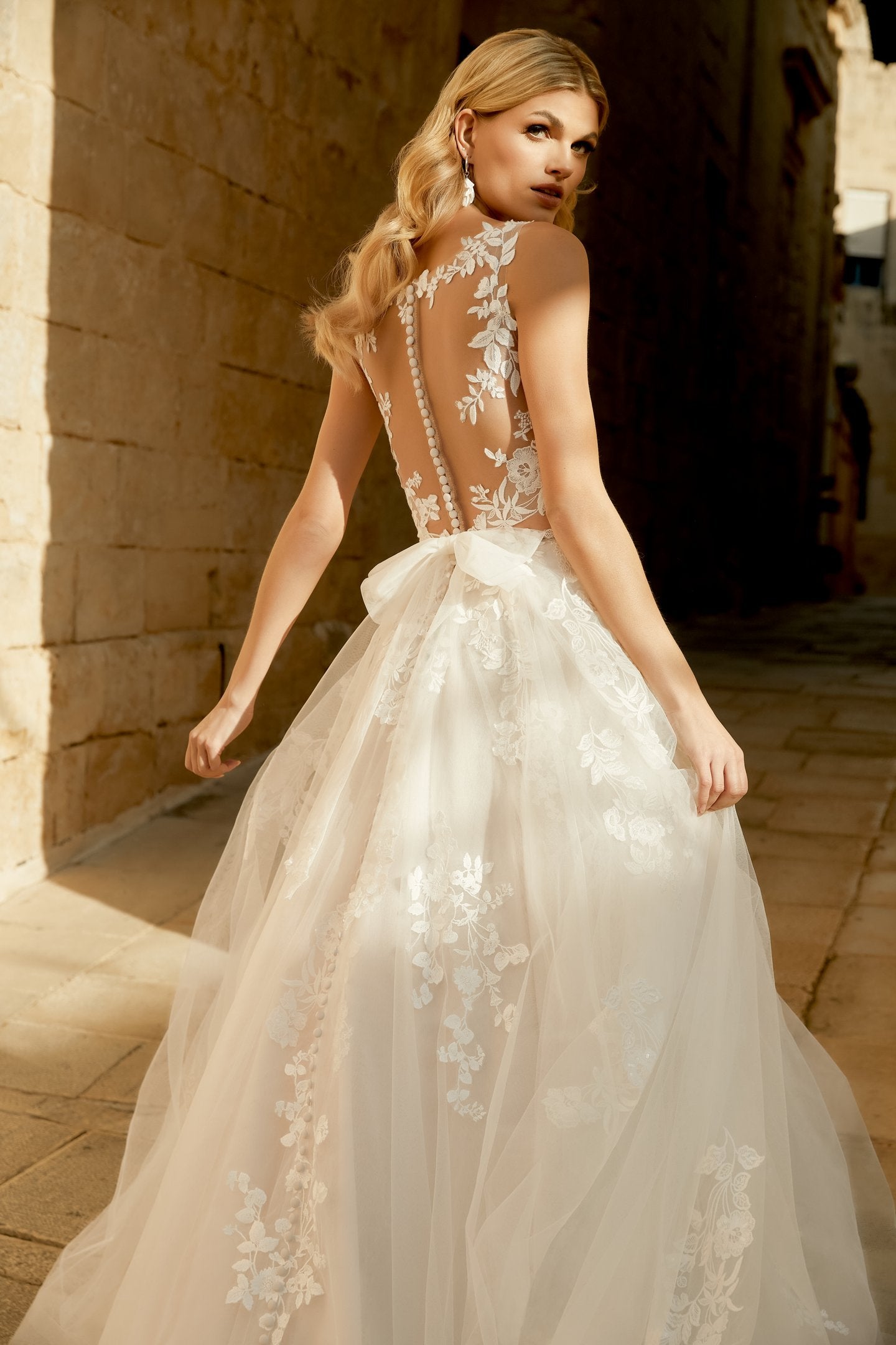 Tulle A-Line Gown with Sequin Lace Appliqués on Bodice and Skirt