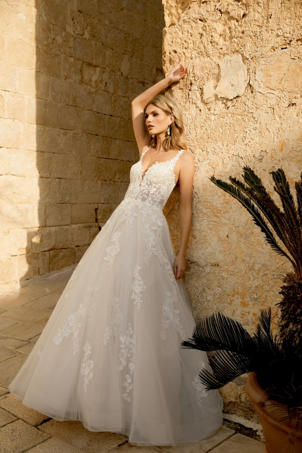 Tulle A-Line Gown with Sequin Lace Appliqués on Bodice and Skirt