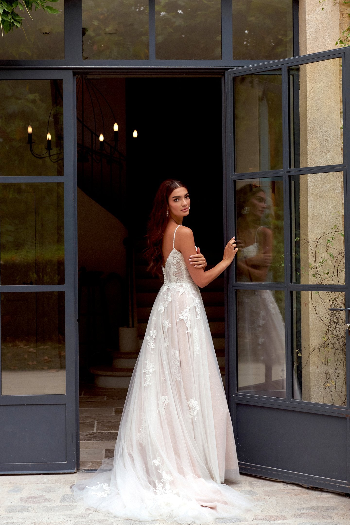 Tulle A-Line with Notch Neckline and Chiffon Appliqués