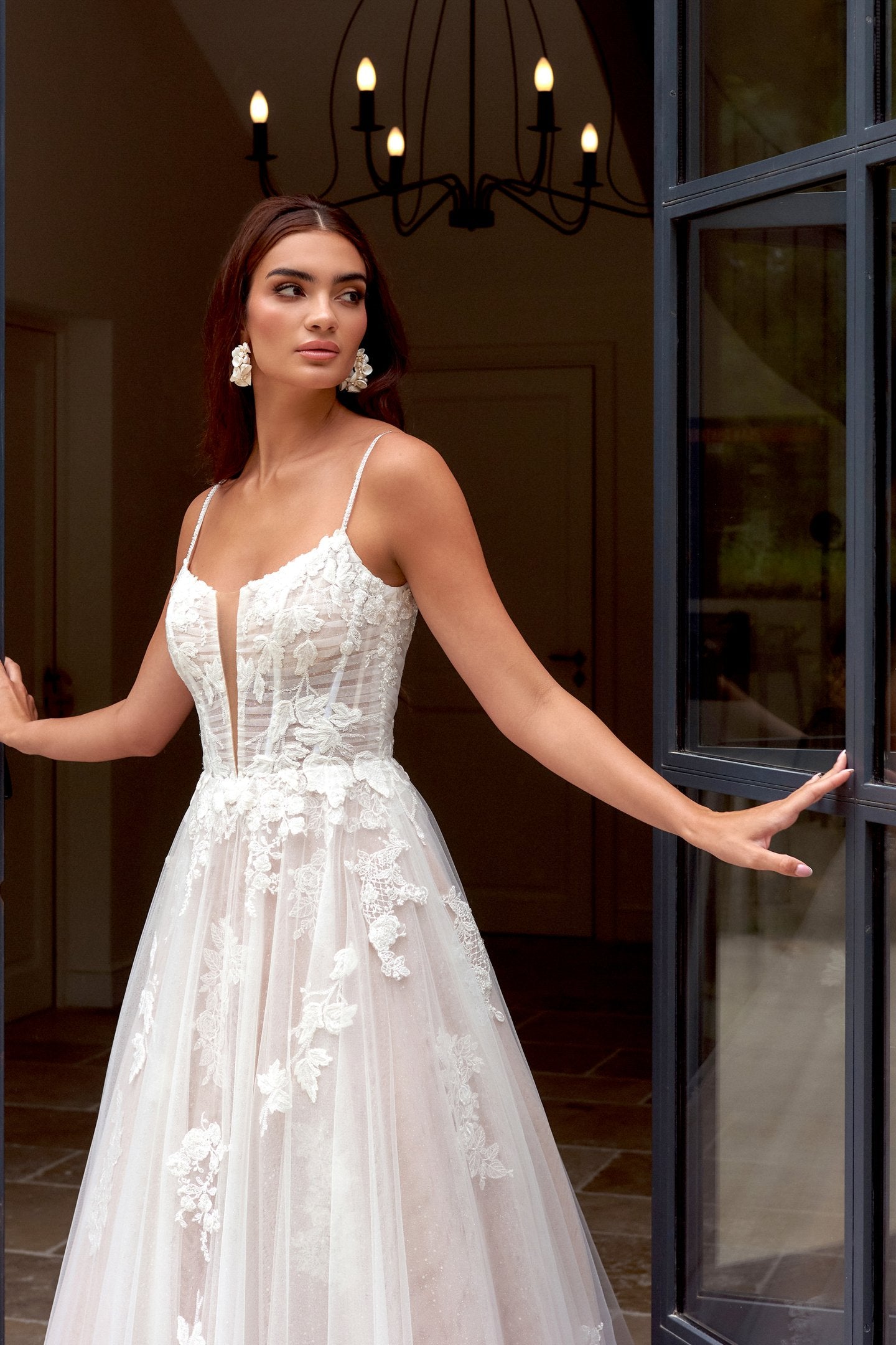 Tulle A-Line with Notch Neckline and Chiffon Appliqués