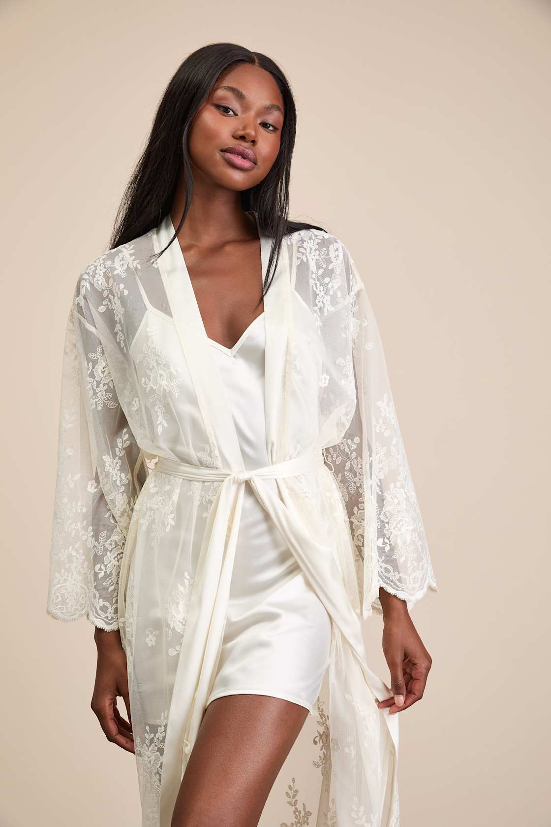 Leonor Ivory Satin Slip and Lace Robe Set