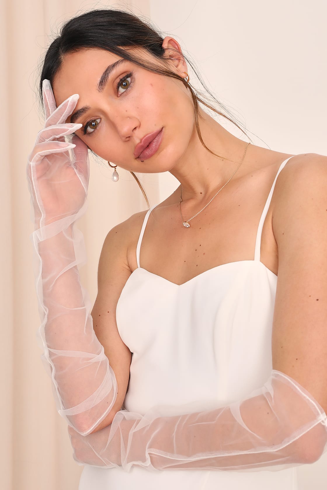 Loving Touch White Sheer Tulle Elbow-Length Gloves