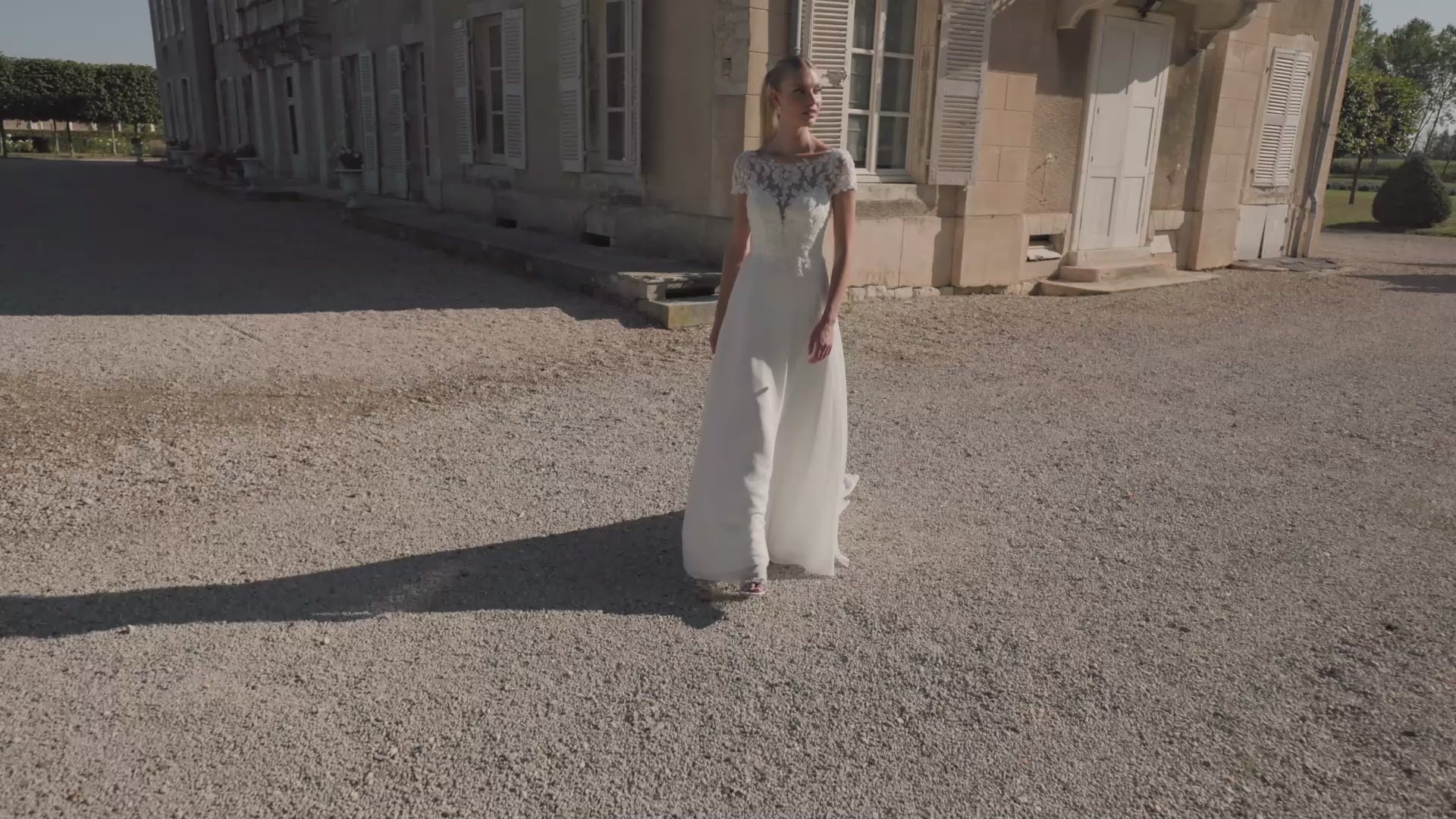 Chiffon A-Line Bridal Gown with Sabrina Neckline and Pockets