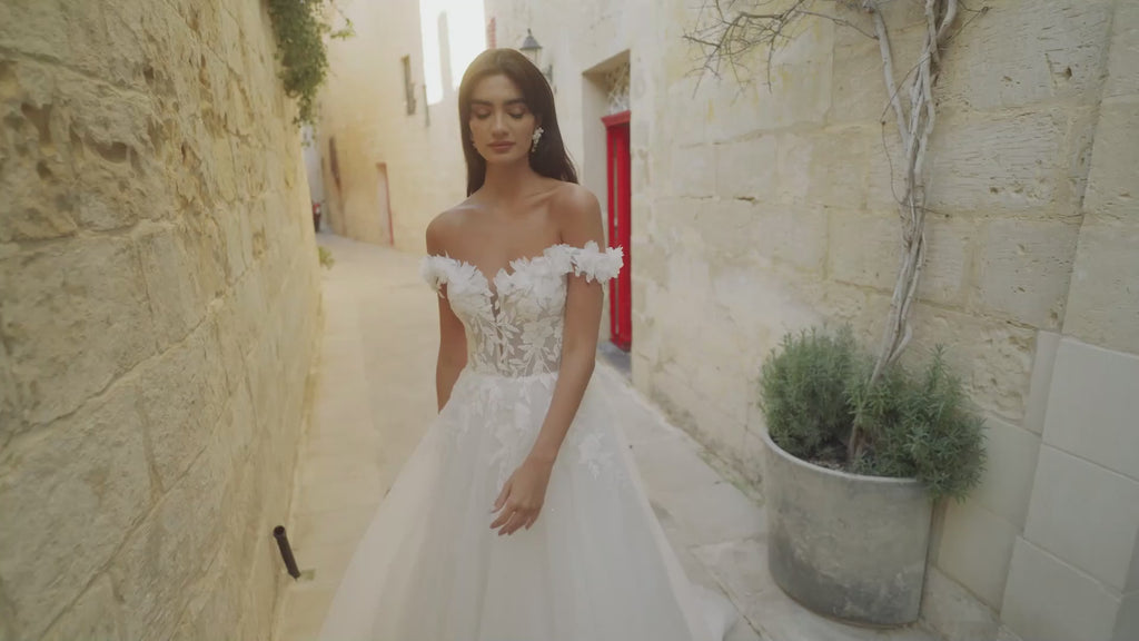 Tulle A-Line Gown with Plunging Notch Neckline and 3D Florals