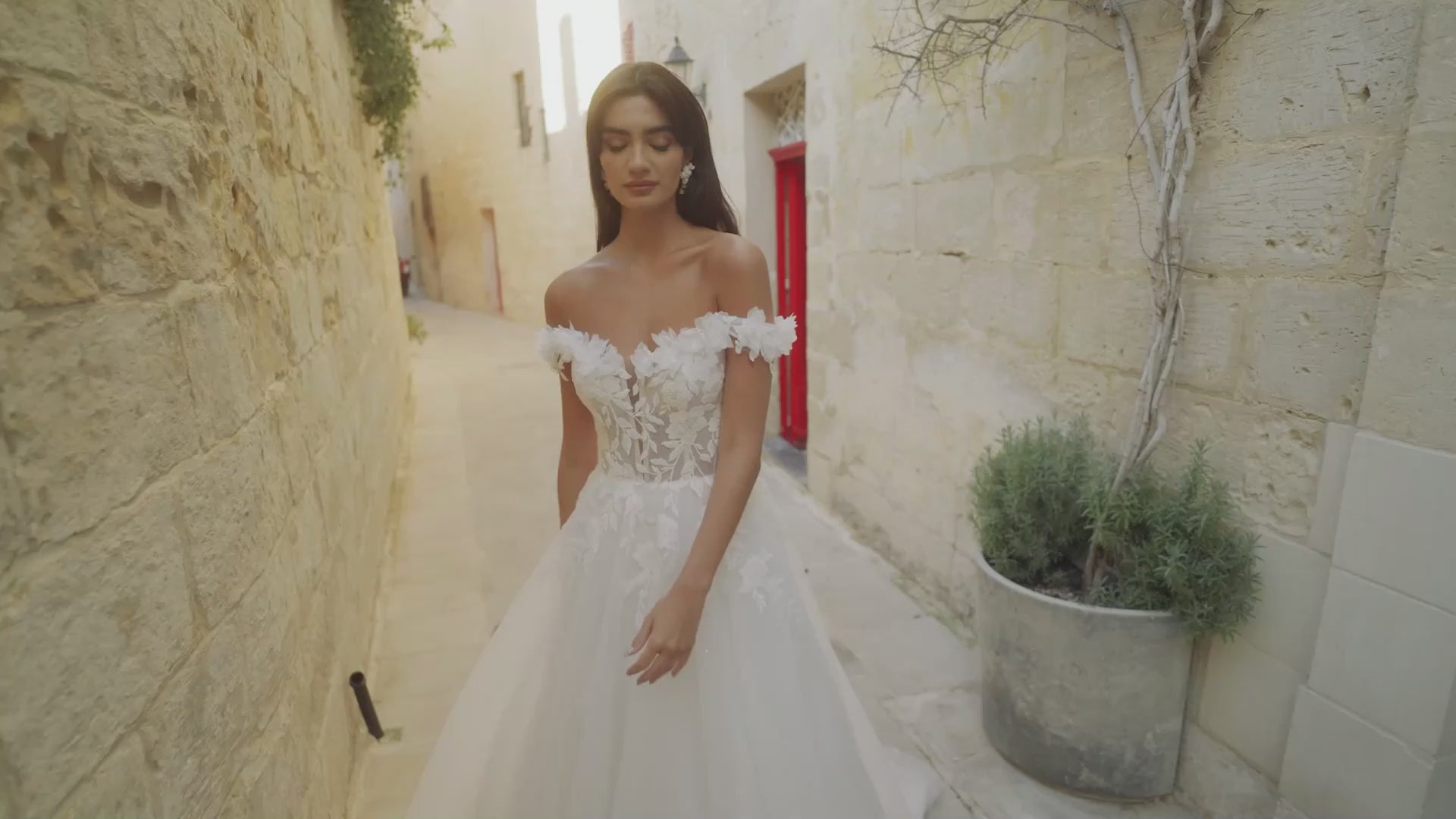 Tulle A-Line Gown with Plunging Notch Neckline and 3D Florals