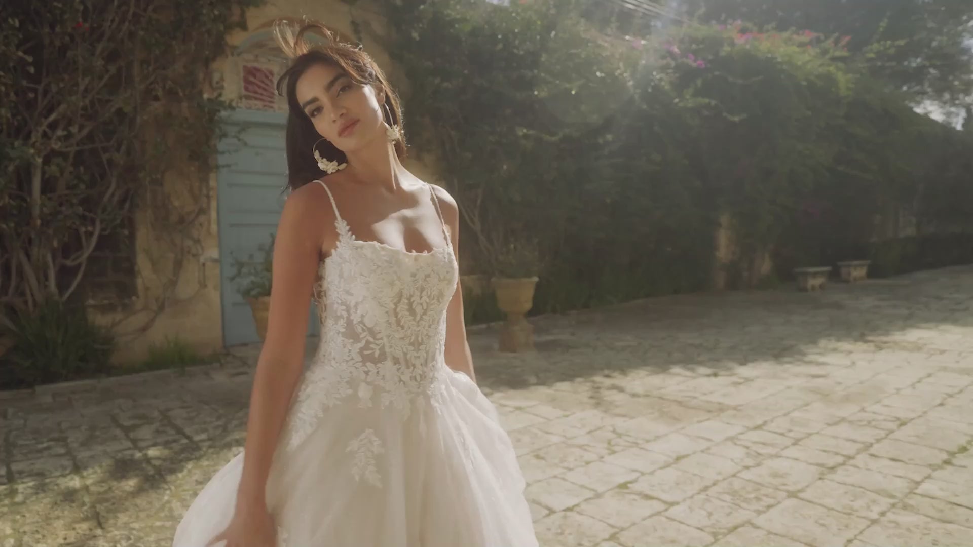 Glitter Tulle A-Line Gown with Square Neckline and Basque Waistline