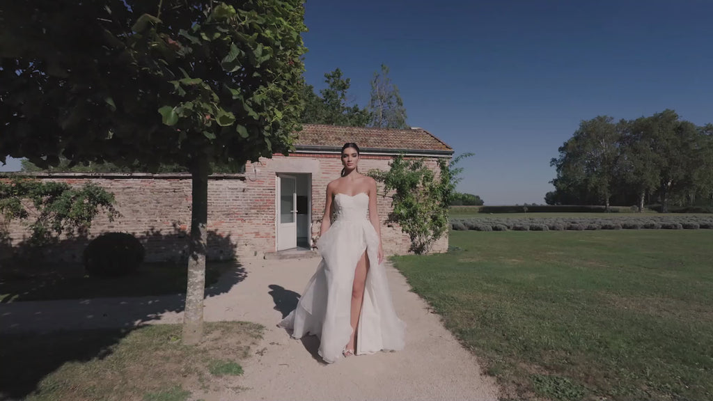 Strapless Organza A-Line Bridal Gown with Chantilly Lace Underlay
