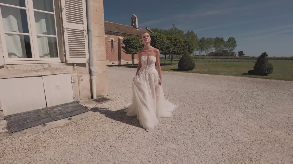Strapless A-Line Gown with Notch Neckline and Allover Lace Appliques