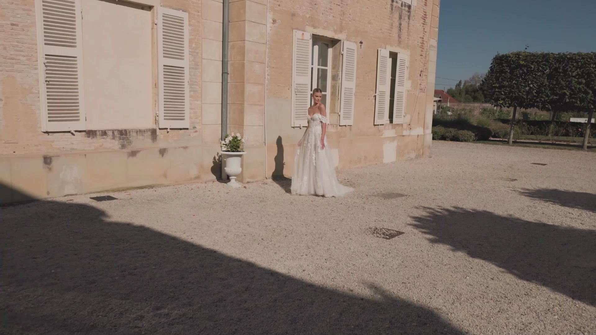 A-Line Gown with Detachable Off-The-Shoulder Straps and Sheer Bodice