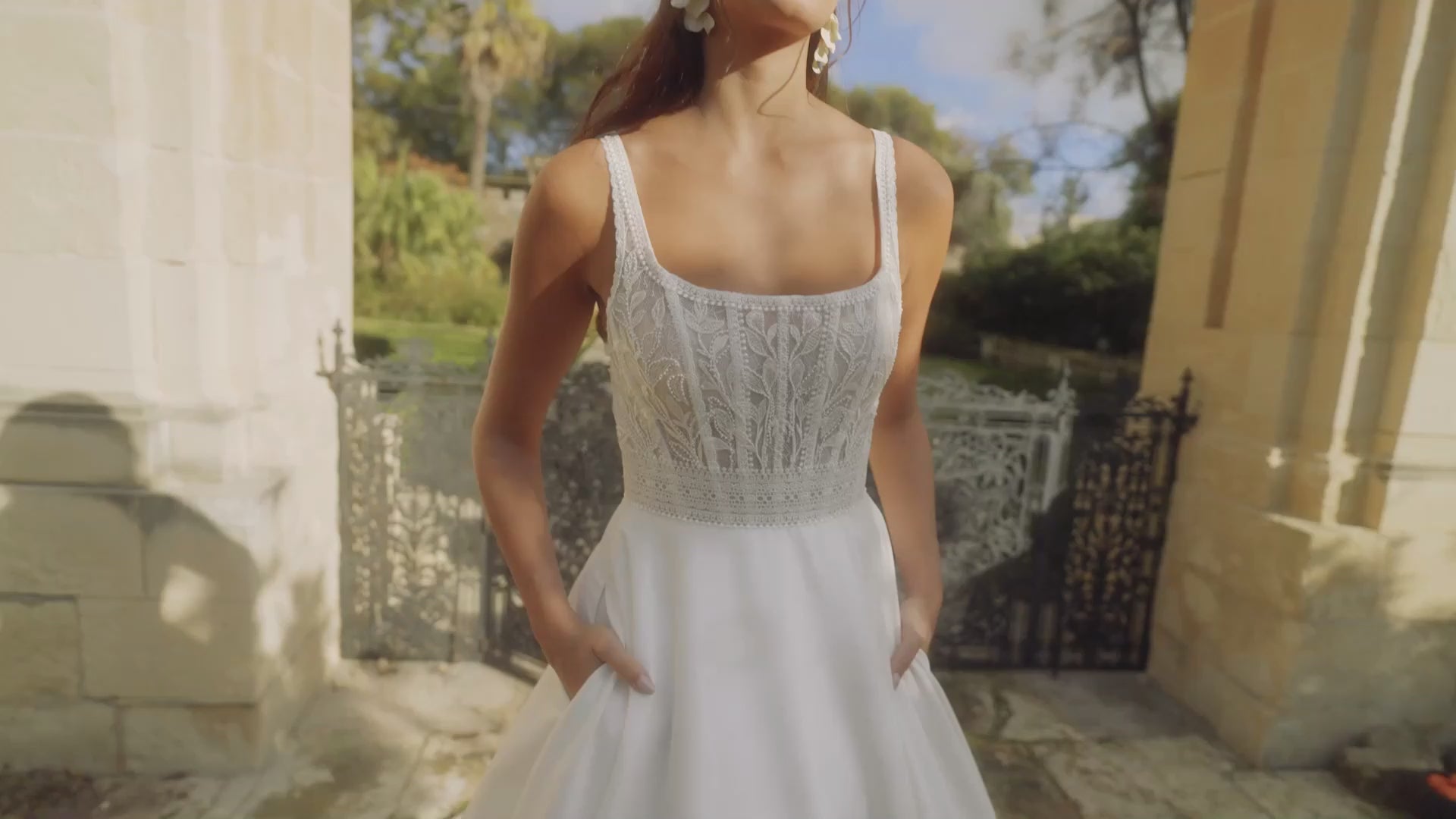 Lace and Satin A-Line with Square Neckline and Scoop Back
